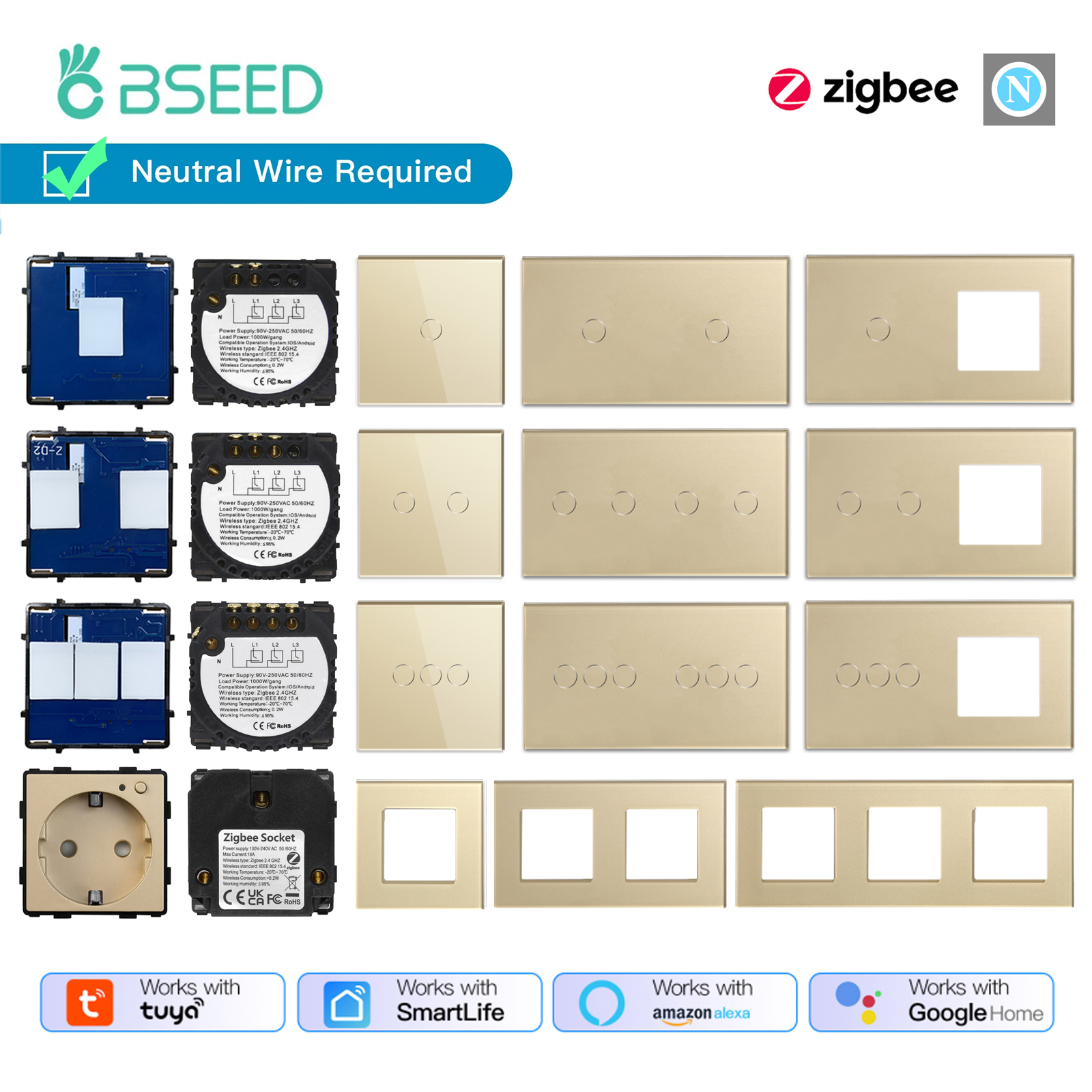 Smart Wall Socket - BSEED 1/2/3Gang Zigbee Touch Switch Part