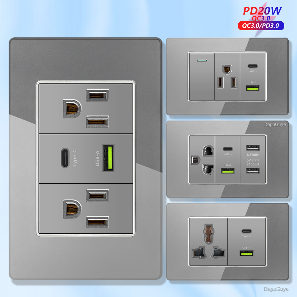 Grey Tempered Glass American U - Smart Wall Socket บทวิจารณ์และราคา